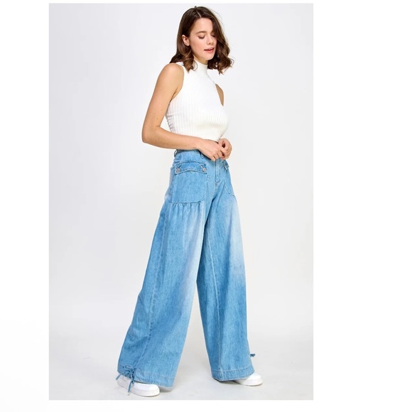 Veveret Light Wash Ankle Drawstring Jeans Size Small Baggy Balloon Pants - Picture 3 of 14